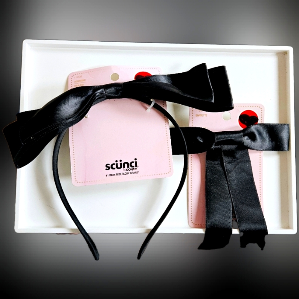 NWT SCÜNCI 2pc SET: BLACK SATIN BOW BARETTE & HEADBAND!